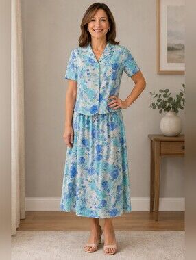 Pendleton Vintage Blouse Skirt Set Size 6 Petite Reversible Blue NWT Vintage